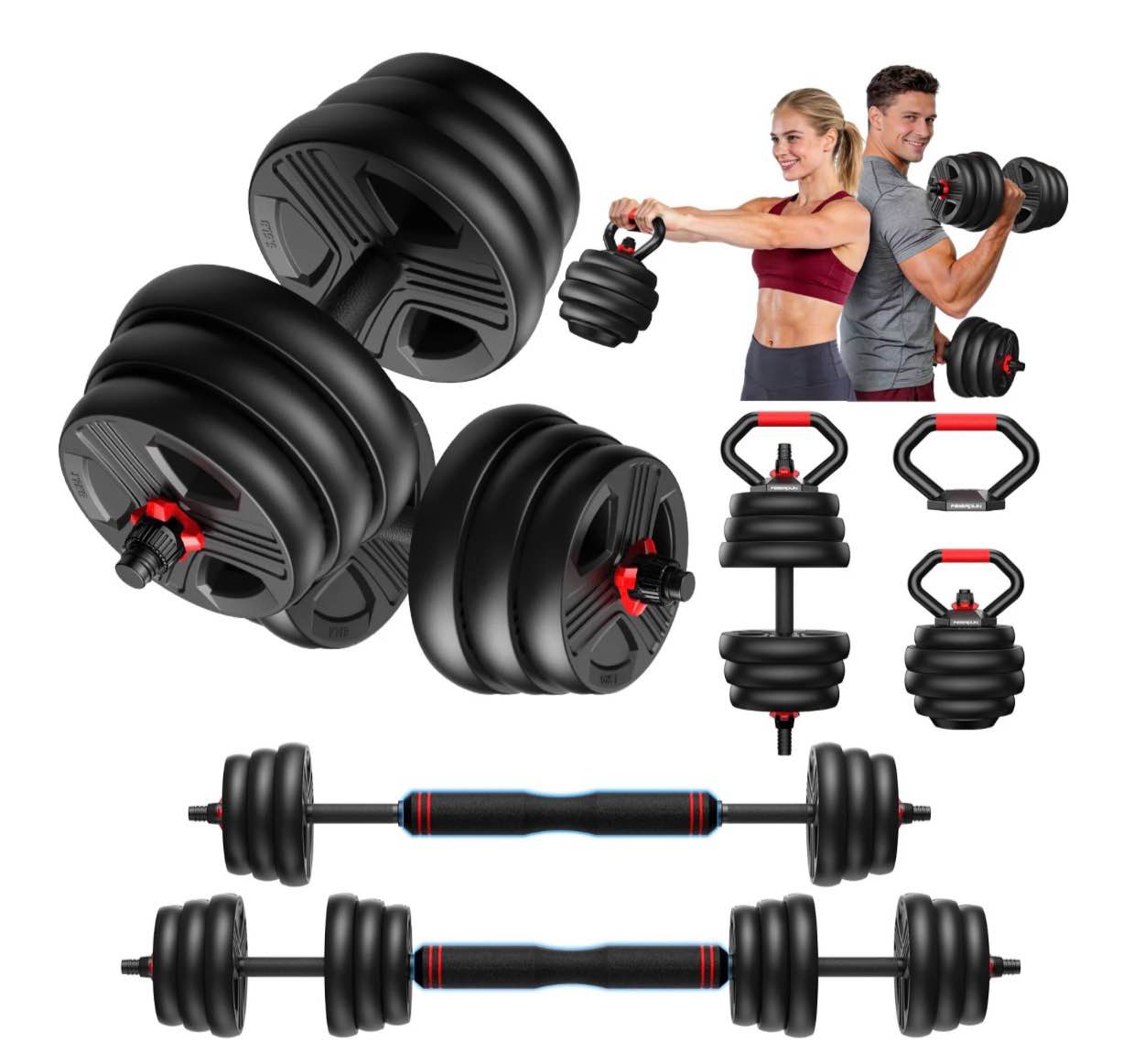 upgo adjustable dumbbells, 55lbs free weight set with connector, 5 in1 dumbbells set as barbell, kettlebells, push up stand, fitness exercises for hom