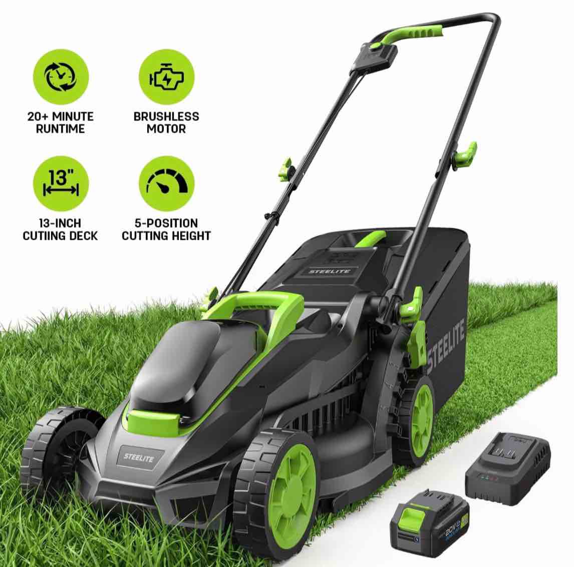 steelite 13-inch cordless lawn mower, 21v electric lawn mowers with brushless motor for garden,5 heights adjustment, 4.0ah battery & charger included