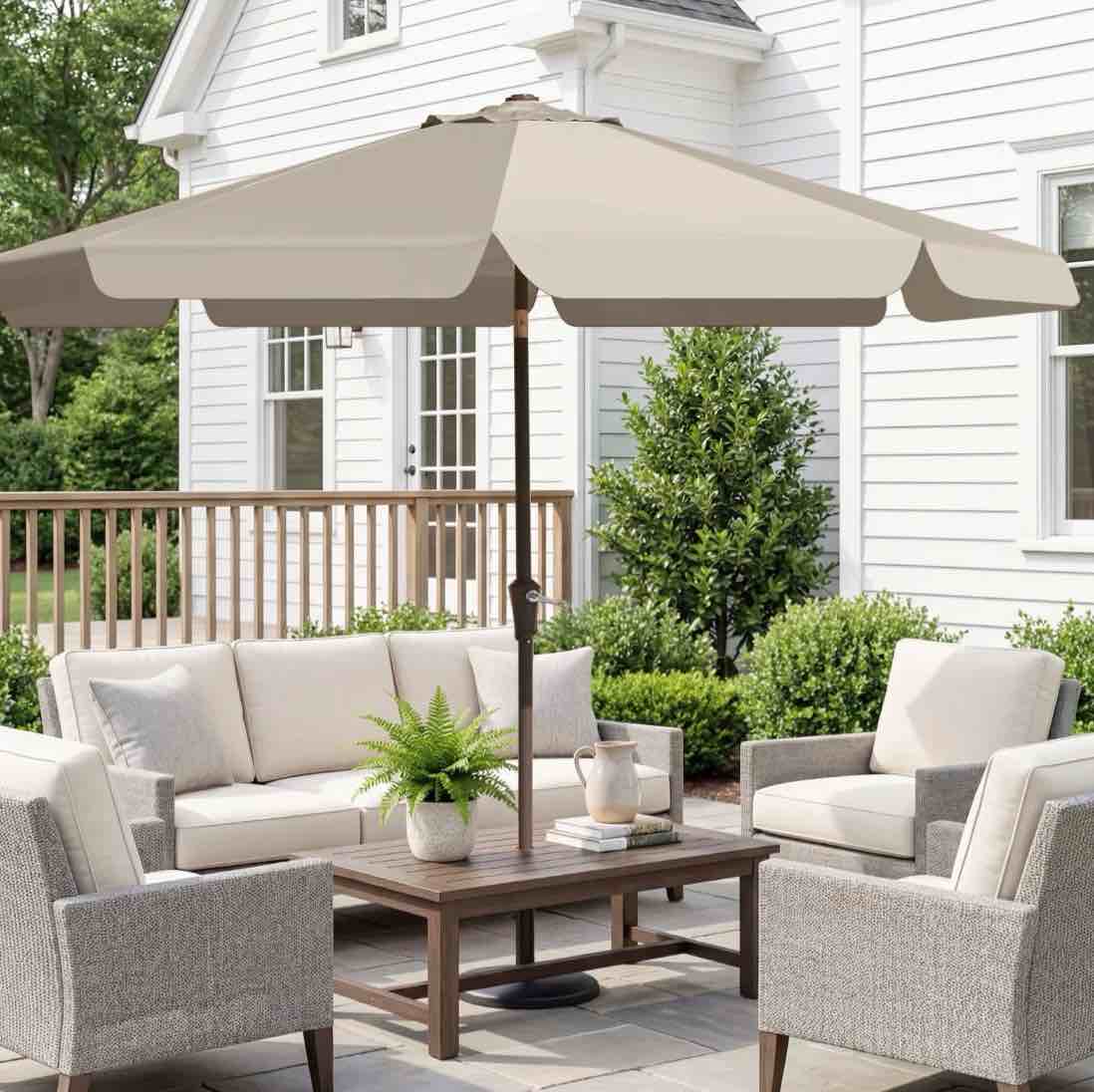 fundaze 9ft outdoor patio umbrella with tilt & crank, heavy duty round sun umbrella for garden, poolside, deck, backyard?beige