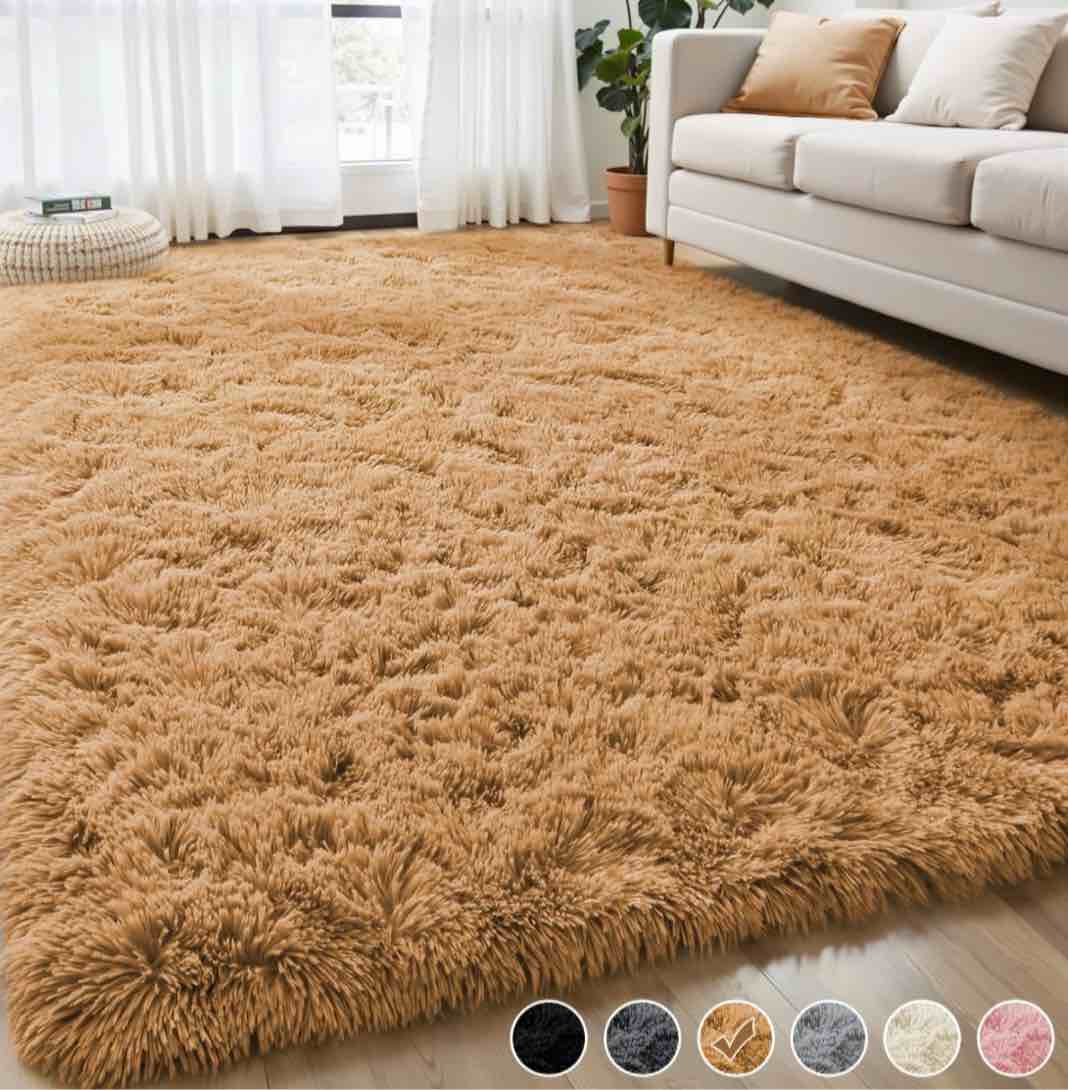 nefoso shag area rug, 8ft x 10ft soft fluffy area rugs for living room bedroom decor carpet, light brown/camel