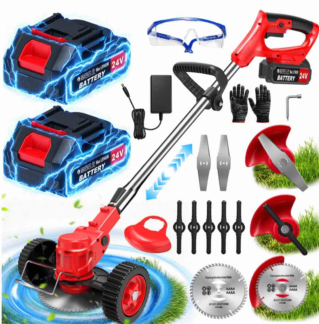tntants electric weed wacker cordless string trimmer with wheels 2pcs 24v batteries 3 types of blades adjustable length weed eater grass trimmer/edger/brush cutter for lawn yard garden (red)