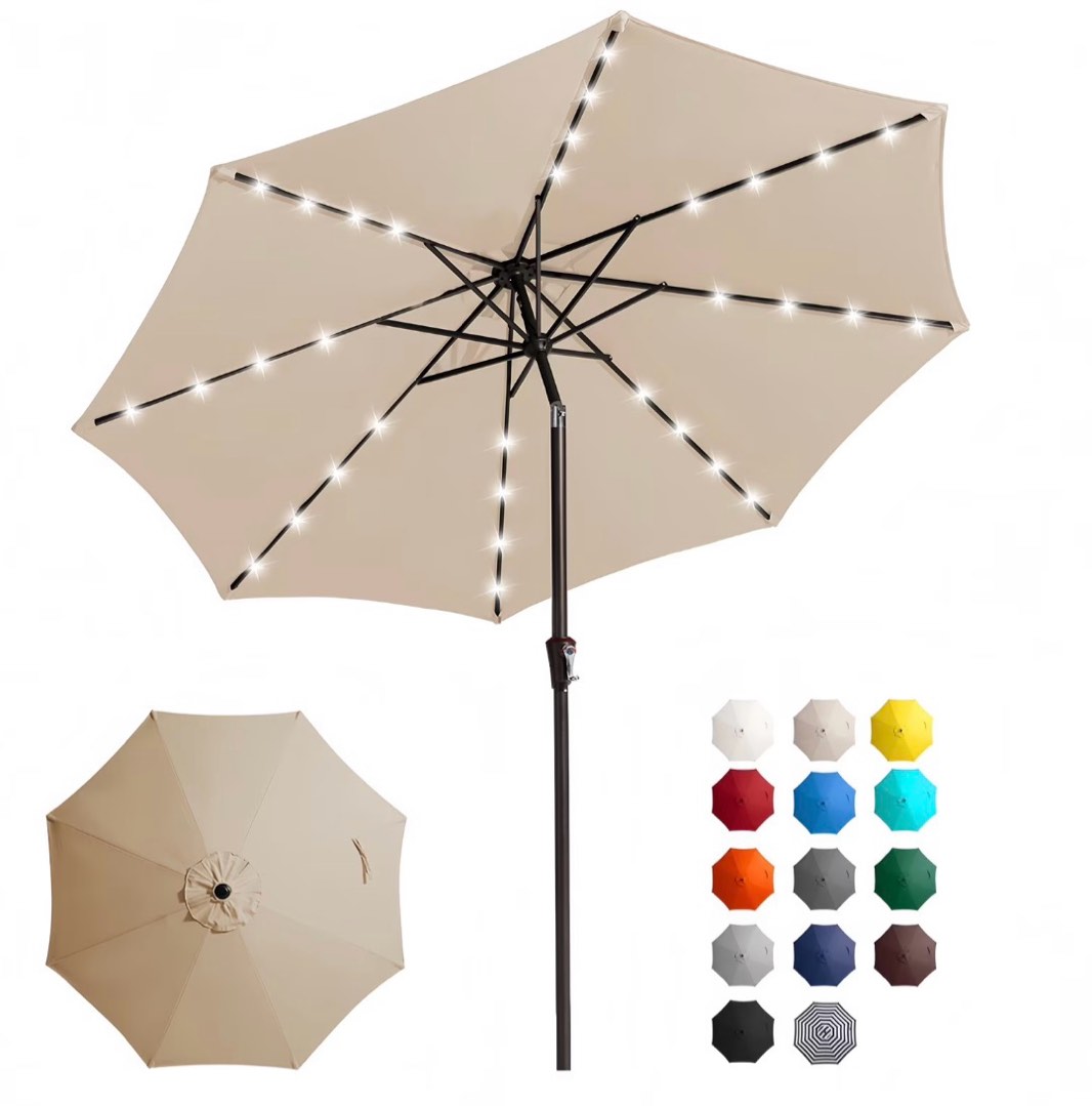 fundaze 9ft solar 32 led patio umbrella w/ tilt & crank, 8 sturdy ribs, uv protection solution-dyed fabric, for garden, backyard, deck & patio, beige