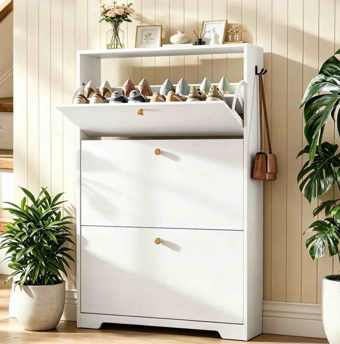 skyhill shoe cabinet with 3 flip drawers,modern shoe organizer for entryway,white