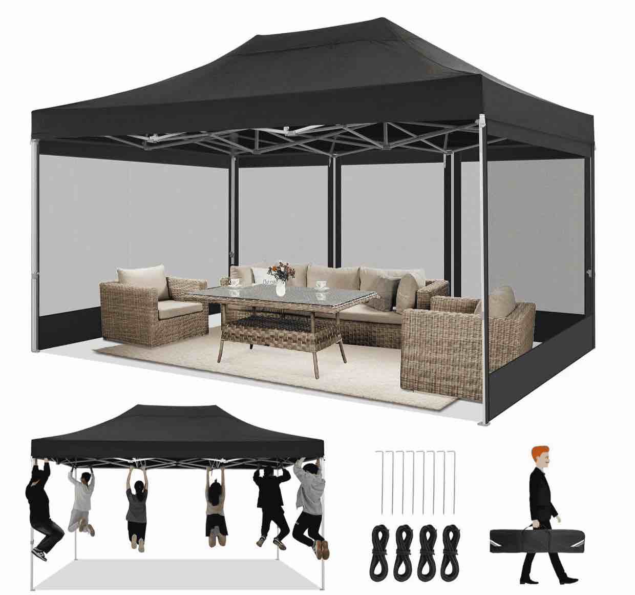 hoteel 10x15 heavy duty canopy tent, pop up gazebo with netting screened ,waterproof ez up canopy with sidewalls, outdoor instant party tent for backyard,black