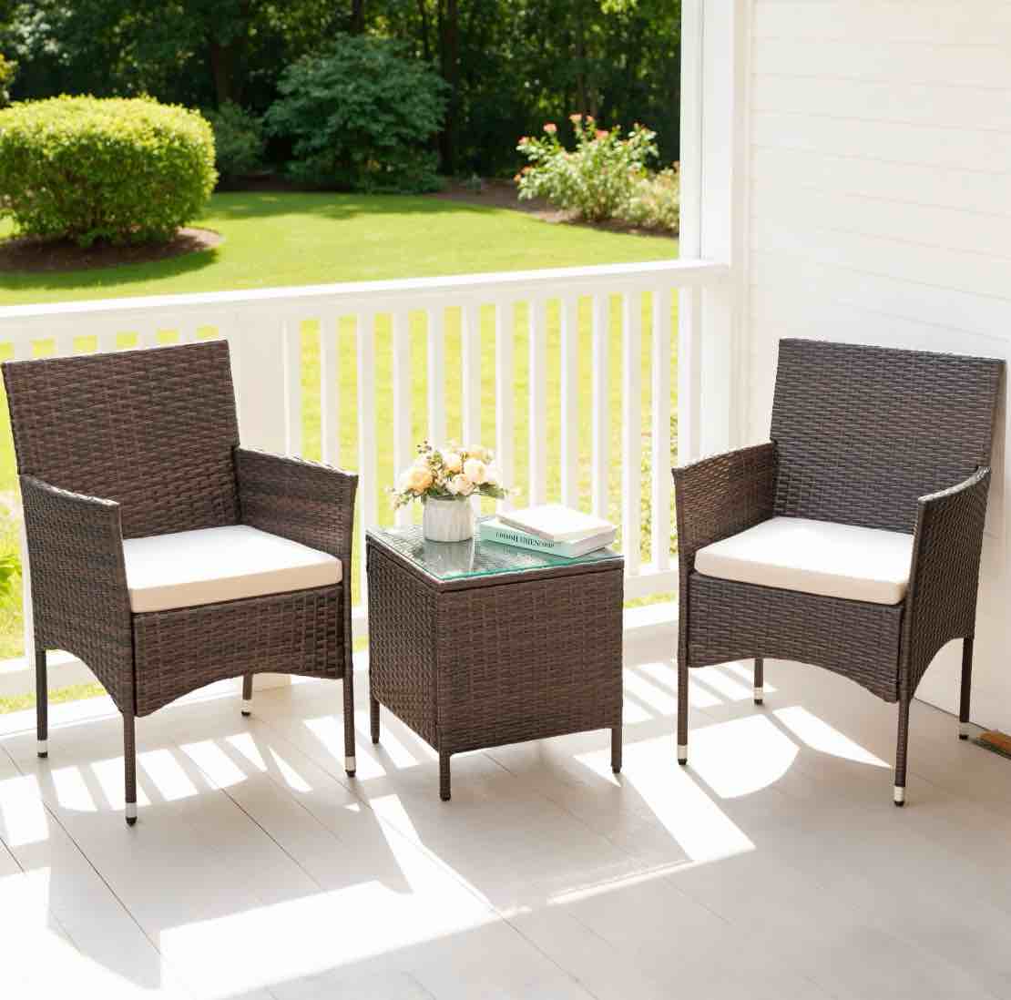 lacoo 3 pieces outdoor patio furniture gray pe rattan wicker table and chairs sets bar set with cushioned tempered glass brown/ beige