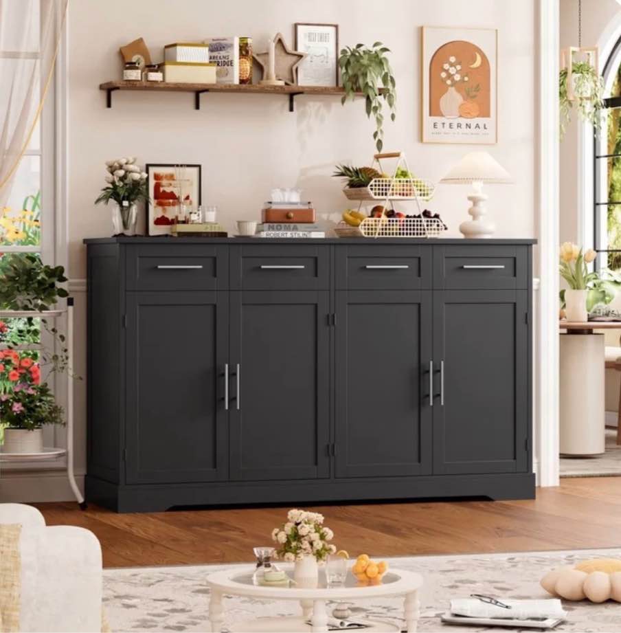 homfa modern buffet cabinet with 4 drawers and 4 doors, 59" w sideboard buffet storage cabinet with shelves, for kitchen living room bedroom, black