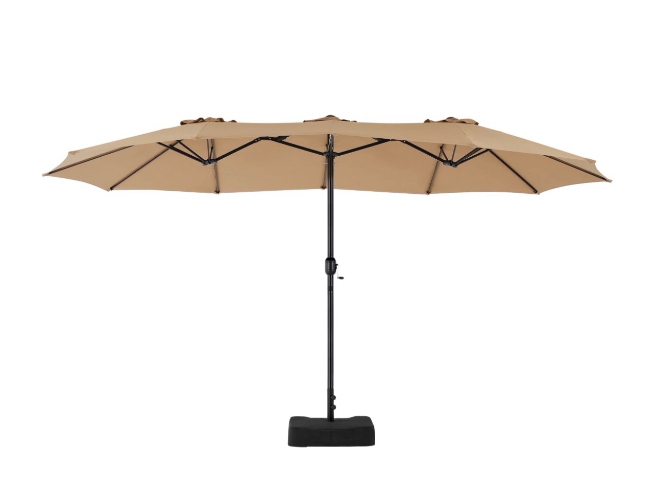 edx 15ft patio umbrellas (base included), large outdoor double-sided rectangle market umbrella with stand for poolside, lawn, and backyard, khaki