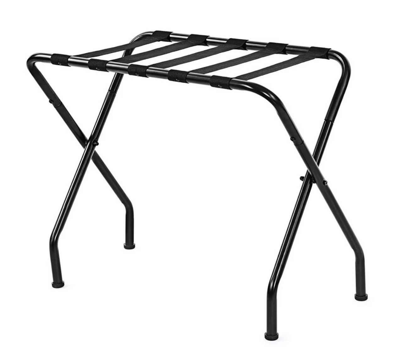 ktaxon portable folding metal luggage rack with nylon belts suitcase stand holder shelf space saving easy to install for travel home hotel guest room bedroom - black