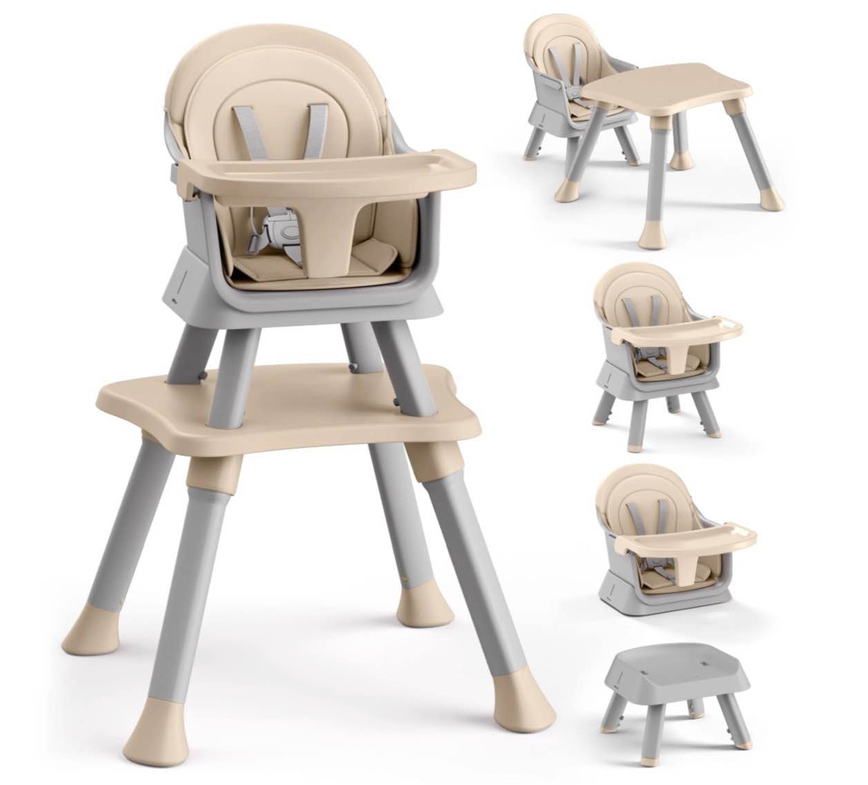 aileekiss 8-in-1 baby high chair, toddler booster seat with dishwasher-safe tray, khaki