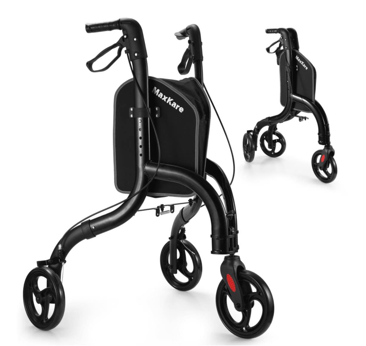 maxkare folding rollator walker with large storage bag and brake handle, 3-wheel rolling walker for seniors, lightweight, height adjustable, supports