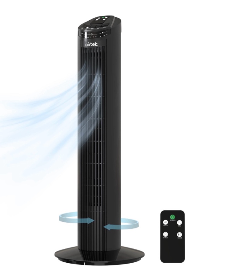 airtek tower fan, 3-speed oscillating fan with multi-function remote control, 29”