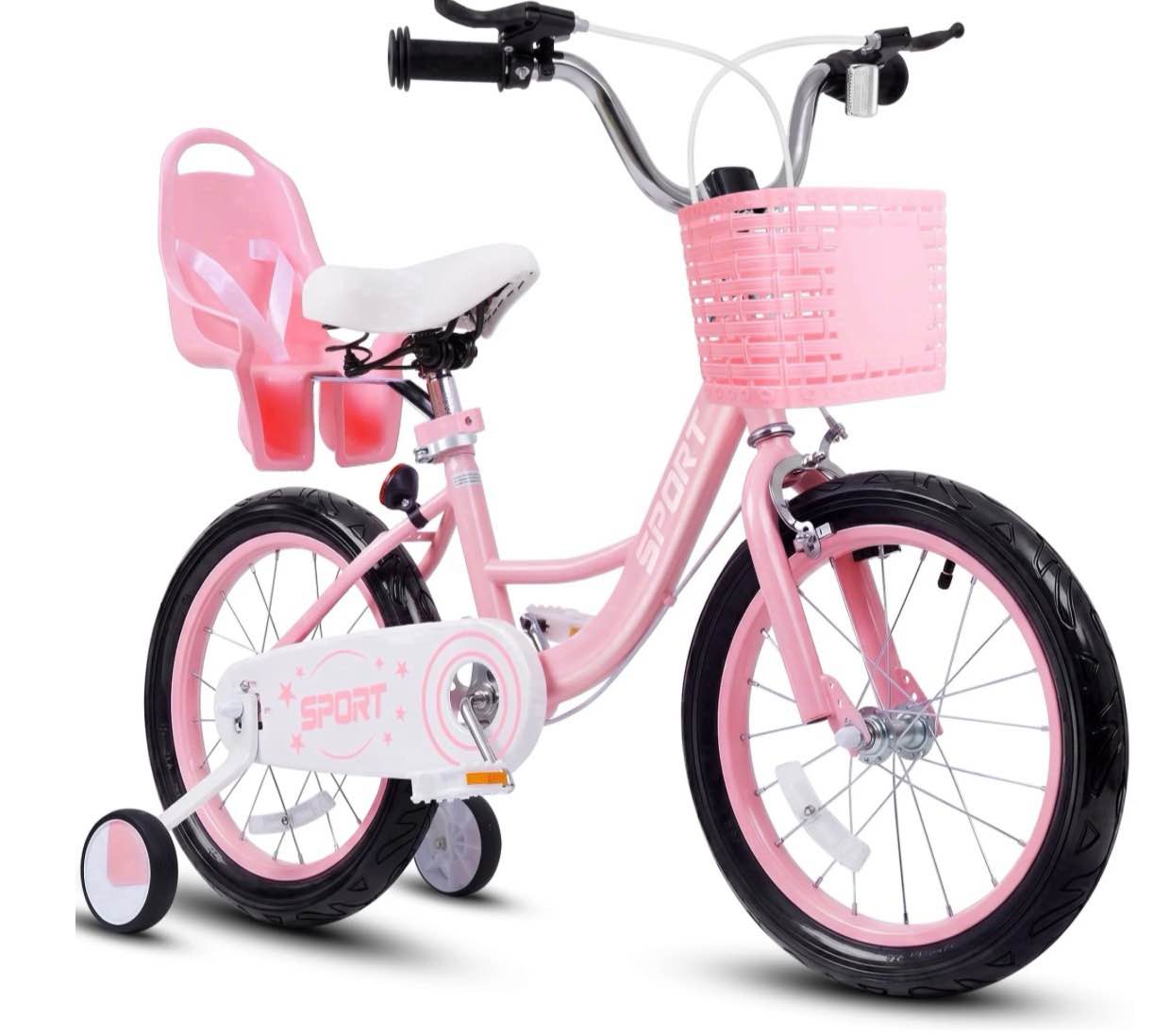 enjoyrun 16 kids bike girls bike with training wheels basket and doll seat bicycle for children ages 5-8 pink