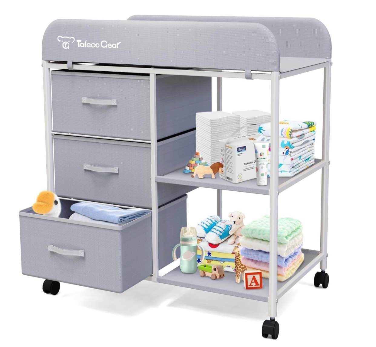 g taleco gear baby changing table, portable diaper changing station with wheels, nursery organizer for newborn and infant, light gray