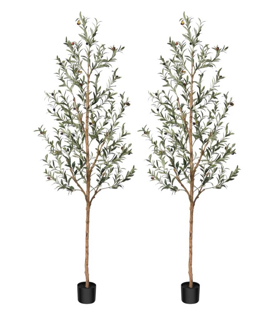 dr.planzen 2 pack 7ft artificial olive tree indoor, tall faux olive tree, artificial plants with natural wood trunk and lifelike fruits for home office decor