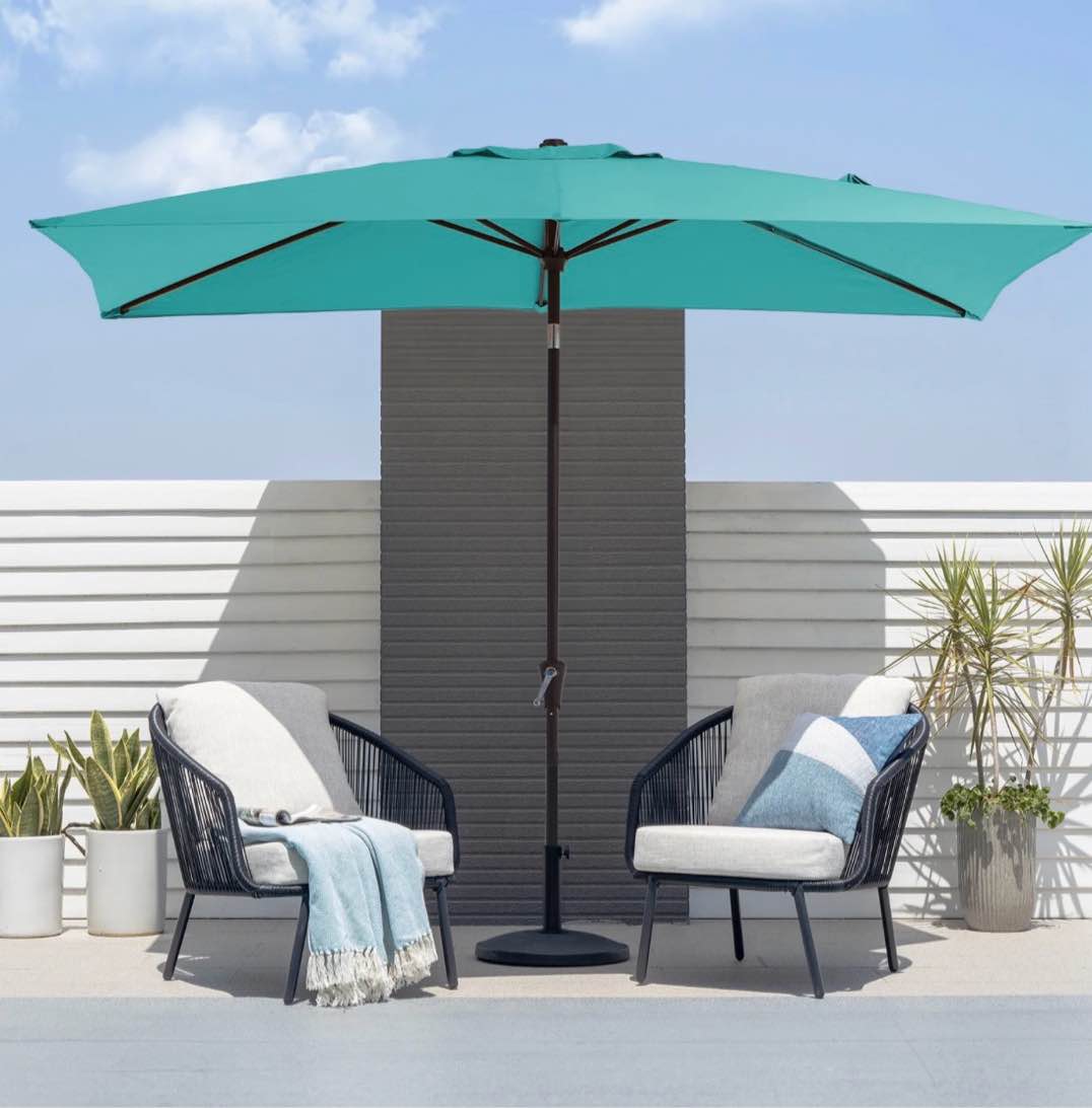 fundaze 6.5' x 10' rectangular patio umbrella w/ crank, 8 sturdy ribs, outdoor shade for chair table deck garden patio poolside balcony backyard, peacoke blue