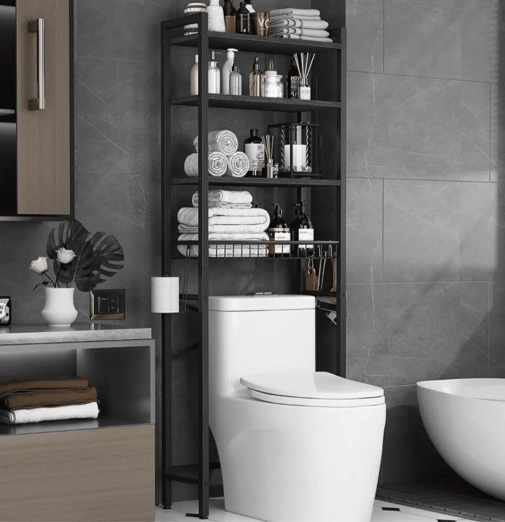 biemlerfn over the toilet storage shelf, 4-tier wooden bathroom organizer adjustable saver space rack with toilet paper holder, classic black