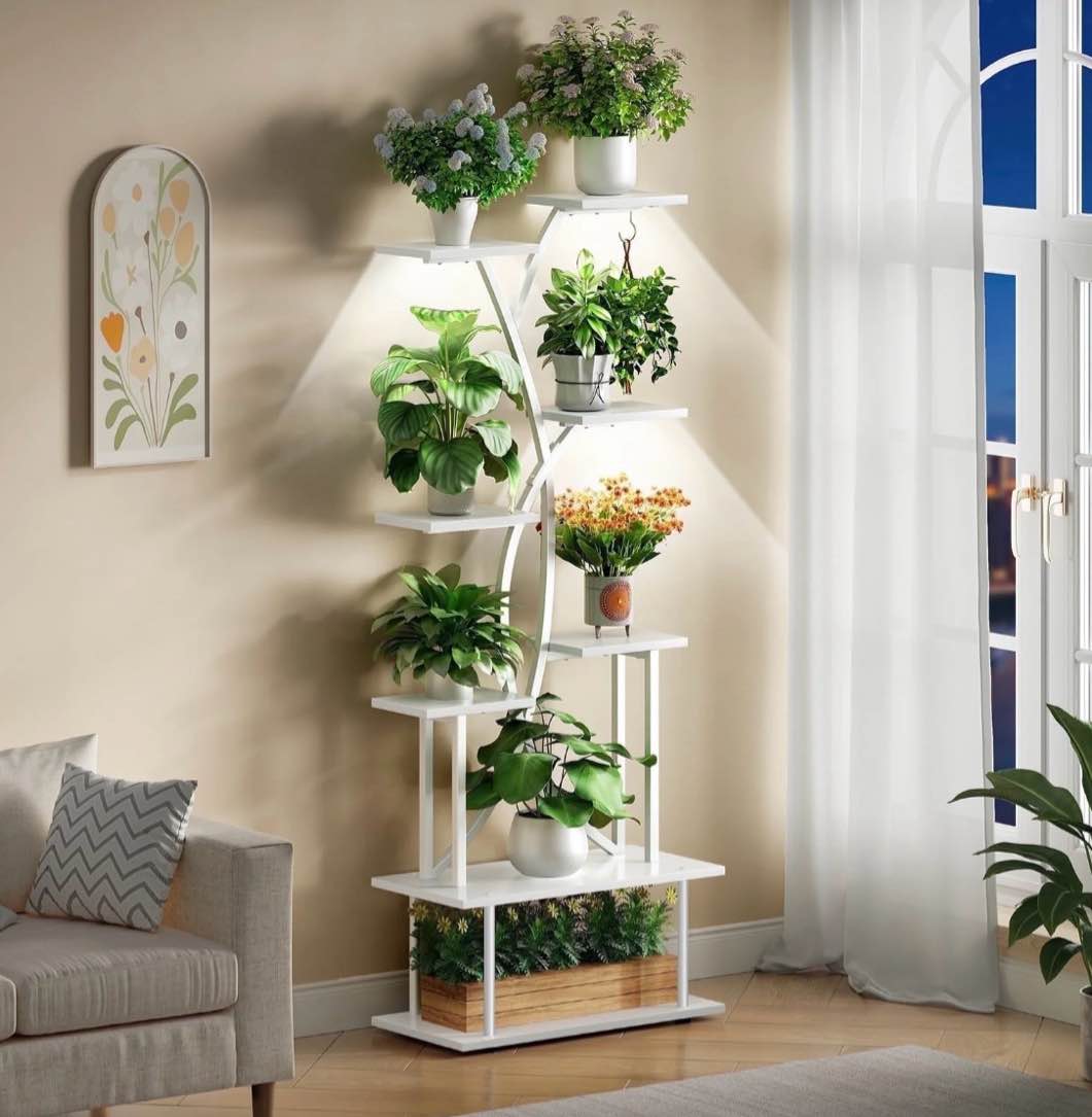 plant stand with grow lights, biemlerfn 67" tall plant shelf indoor, 8 tier display rack, tree-shape metal flower holder for home living room office, white