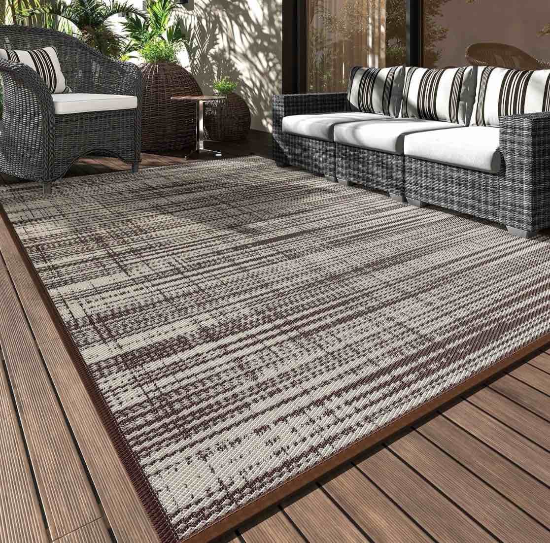 vunate outdoor rug carpet 8 x10 waterproof reversible patio rug portable modern abstract indoor outdoor rug plastic straw rug for rv camping garden picnic deck backyard porch decor beige and brown