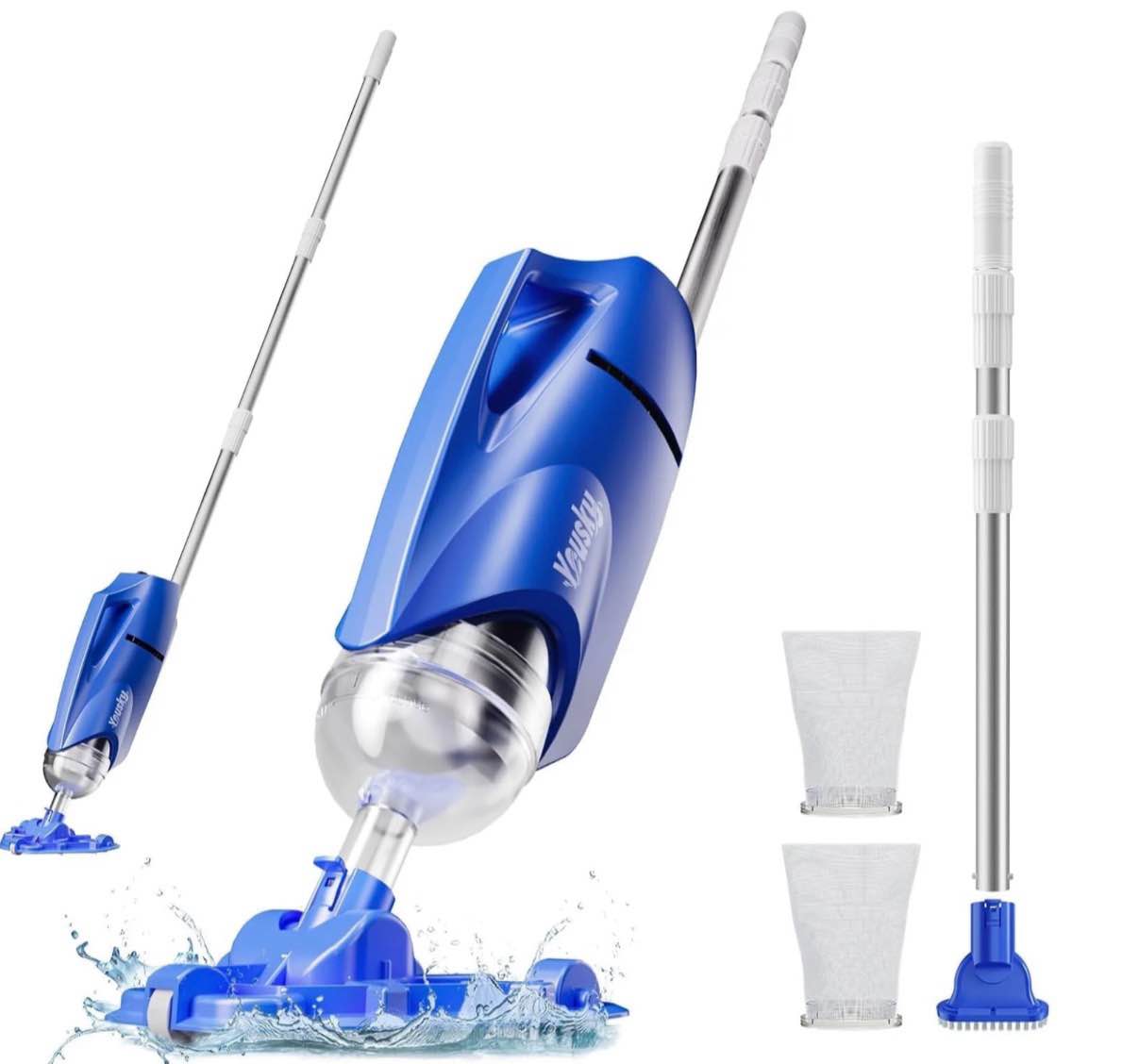 2025 upgraded handheld pool vacuum cleaner for above ground & inground pools - cordless pool cleaner w/18.5gpm suction, telescoping pole(20-69in), 2 brush heads - ideal for spas & hot tubs