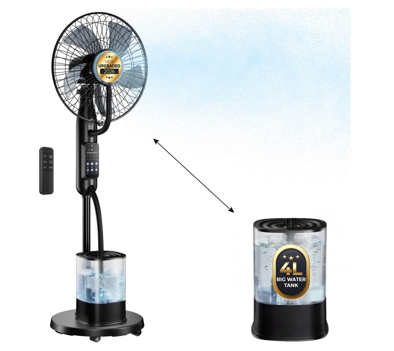 pedestal misting fan mister cooling fan with 4l large water tank 5 speeds 3 modes misting standing fan floor fan with remote for home bedroom patio outdoor