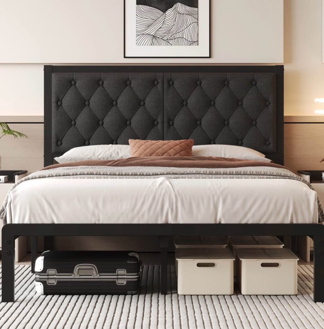 lifezone bed frame with linen upholstered headboard queen metal support no box spring needed grey