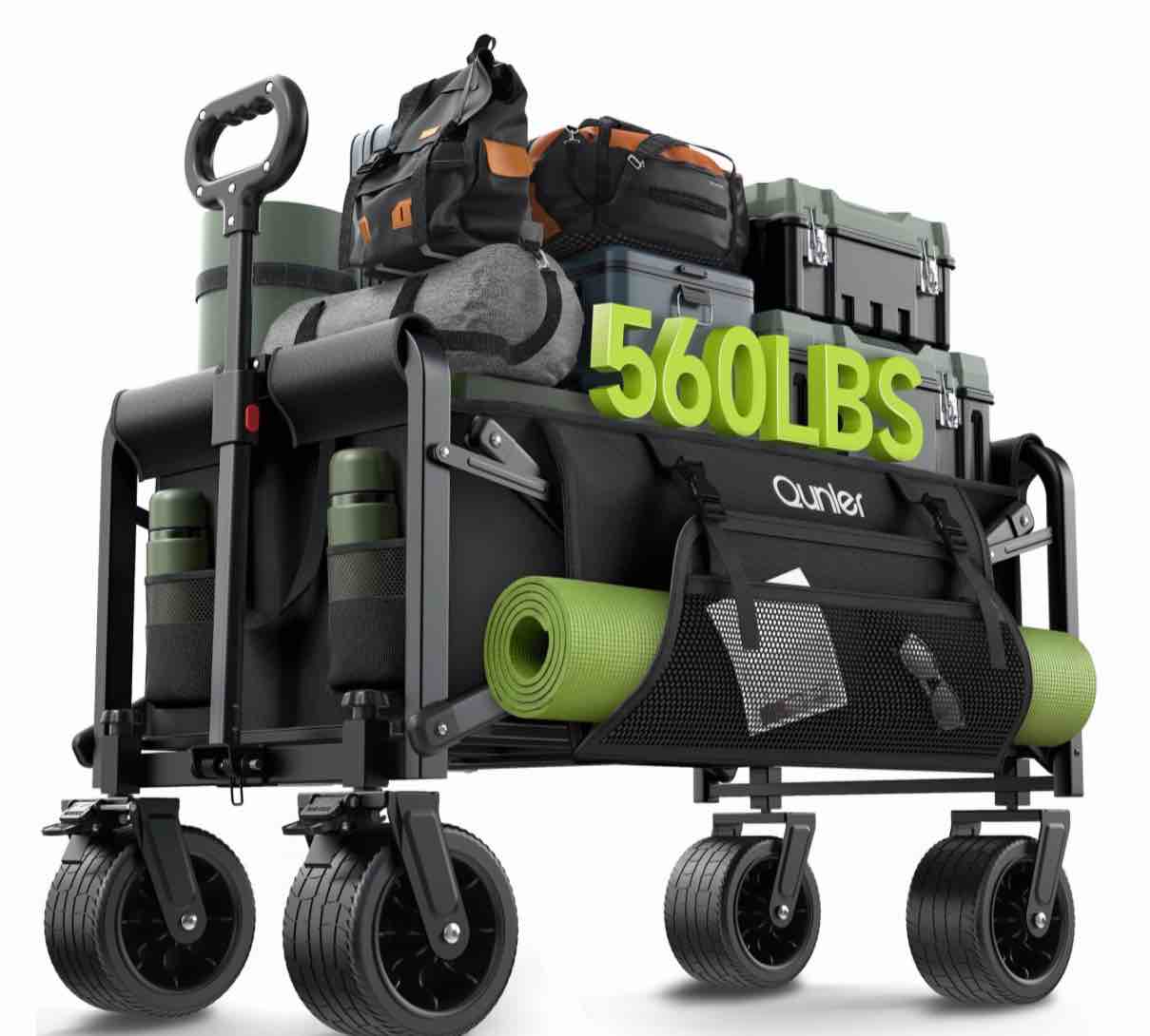 qunler 560lbs large collapsible folding wagon with oversized tank wheels, heavy duty big bucket utility garden cart with side pocket for sports, shopping, camping, kids, black
