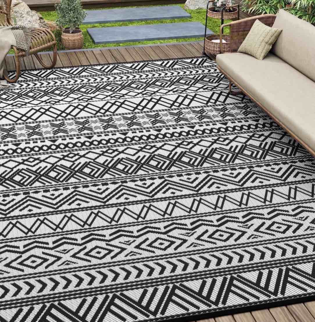 sixhome outdoor rug 9 x12 waterproof reversible patio rug boho geometric indoor outdoor rugs lightweight plastic straw ourdoor carpet for rv camping deck balcony modern porch decor black and white