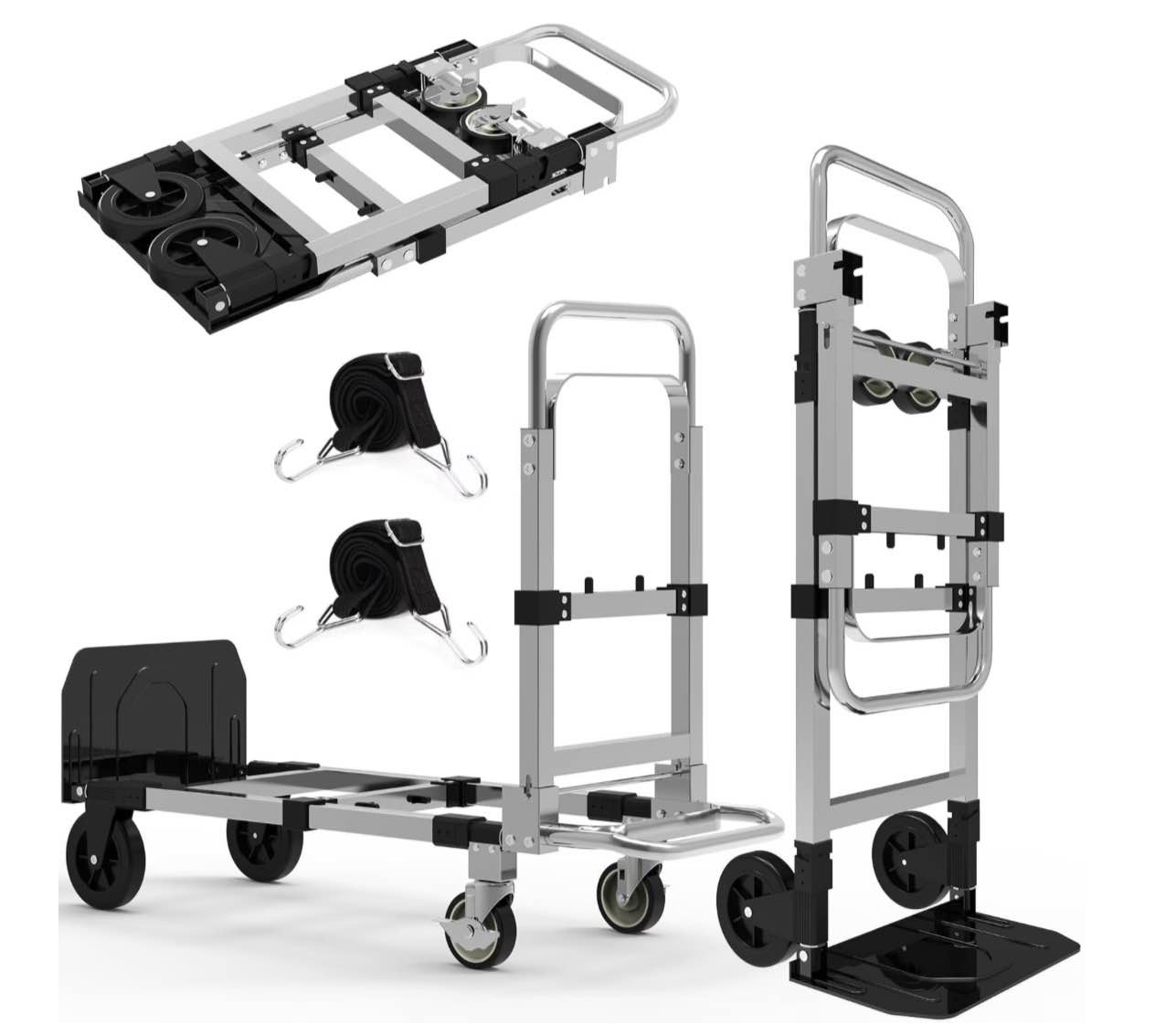 3-in-1 heavy duty folding dolly convertible hand truck portable steel with telescopic handle & dolly cart with rubber wheels 580lb capacity silver