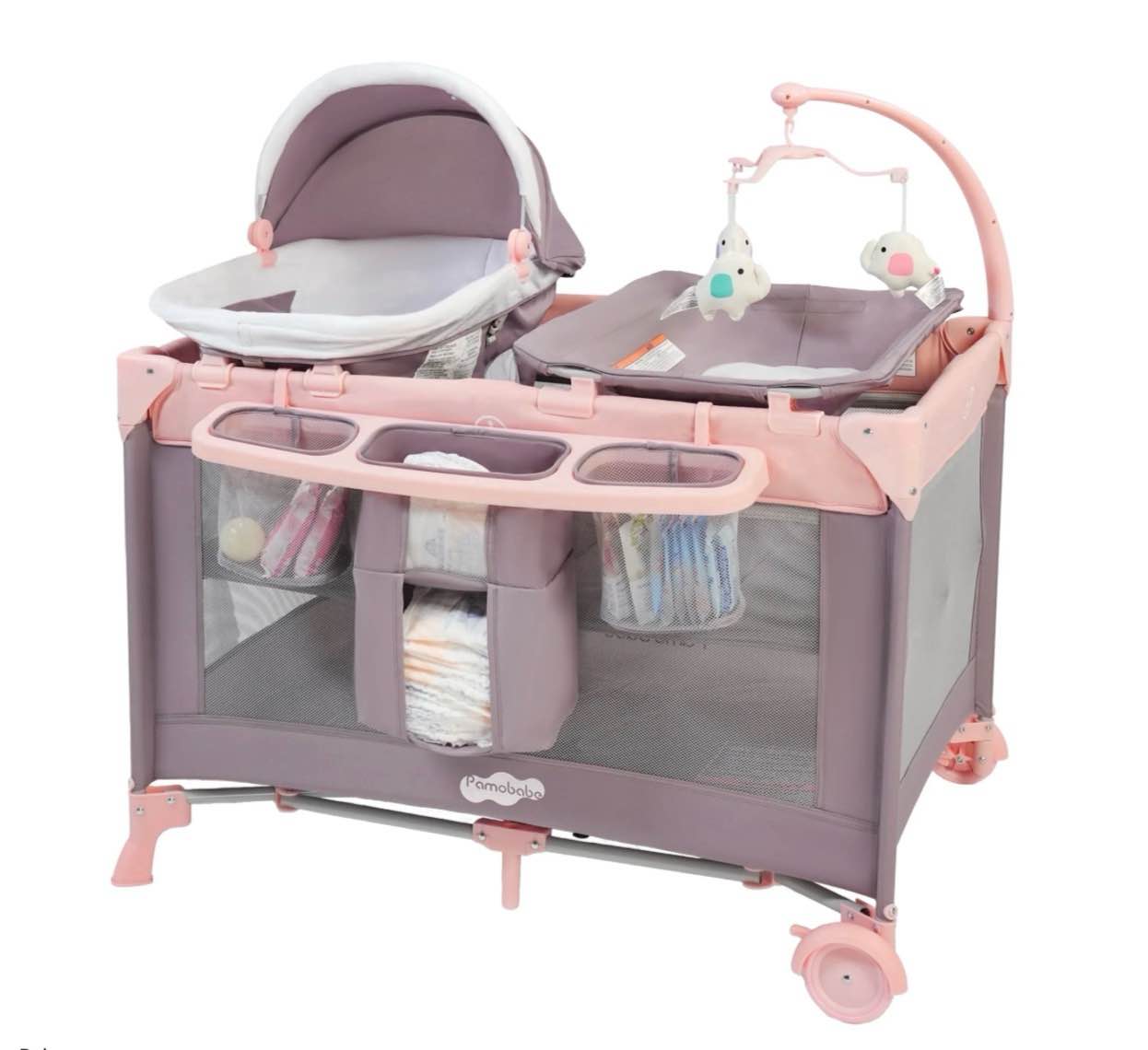 pamo babe 4-in-1 baby playard with bassinet & changing table for newborn 4-panels playpen