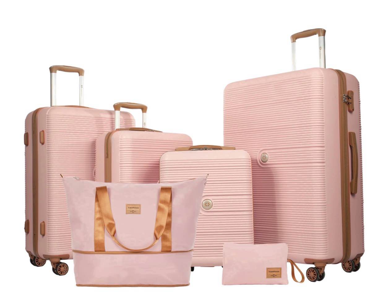 travelhouse 6 piece hardshell luggage set lightweight suitcase with tsa lock and spinner wheels and duffle bag,pink