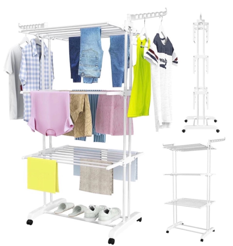 clothes drying rack  4-tier foldable laundry drying rack  stainless steel garment clothes dryer indoor or outdoor standing clothing rack with wheels  white