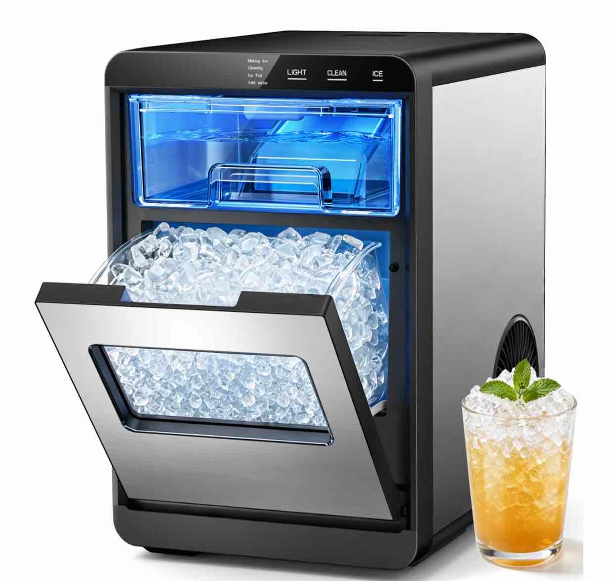 snowyermine nugget ice maker countertop, 44 lbs/day, chewable pebble ice in 9 min, self-cleaning portable ice machine with touch controls, silver stainless steel