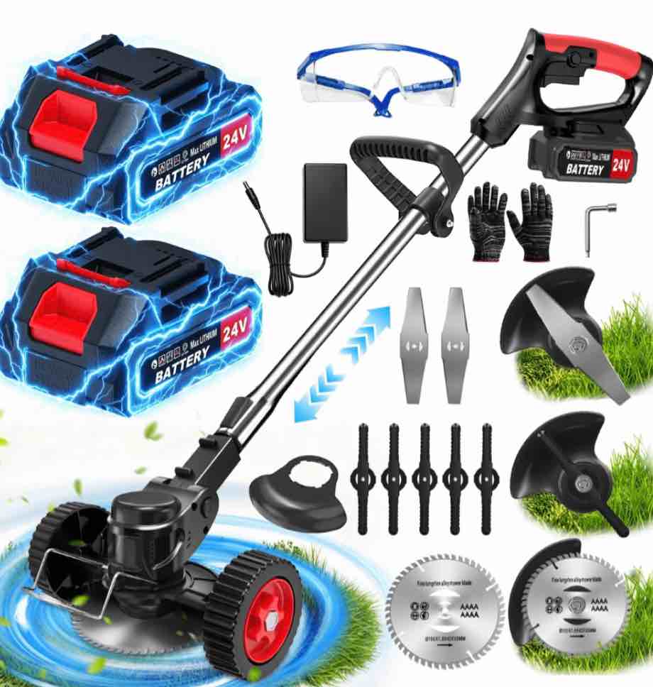 tntants electric weed wacker cordless string trimmer with wheels 2pcs 24v batteries 3 types of blades adjustable length weed eater grass trimmer/edger/brush cutter for lawn yard garden (red)