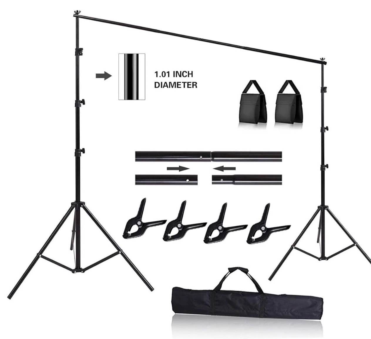10ft adjustable background support stand photography video studio backdrop kit, 4 backdrop clamps, 2 sandbags for wedding party stage decoration black, aluminum alloy backdrop stand
