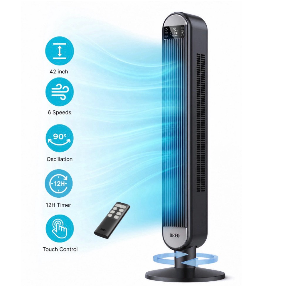 dreo 42 tower fans for home standing bladeless fan with remote 90° oscillating fan with led display 12h timer 6 speeds 4 modes 26 ft/s high velocity ultra quiet bedroom fans
