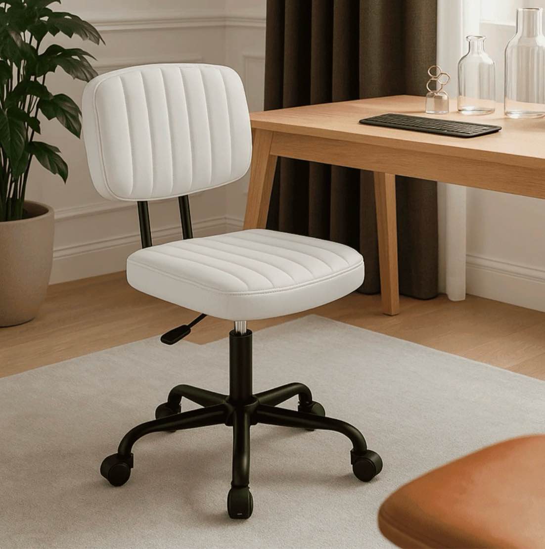 concetta ergonomic home office pu leather desk chair, small space, armless rolling chair for adults, white