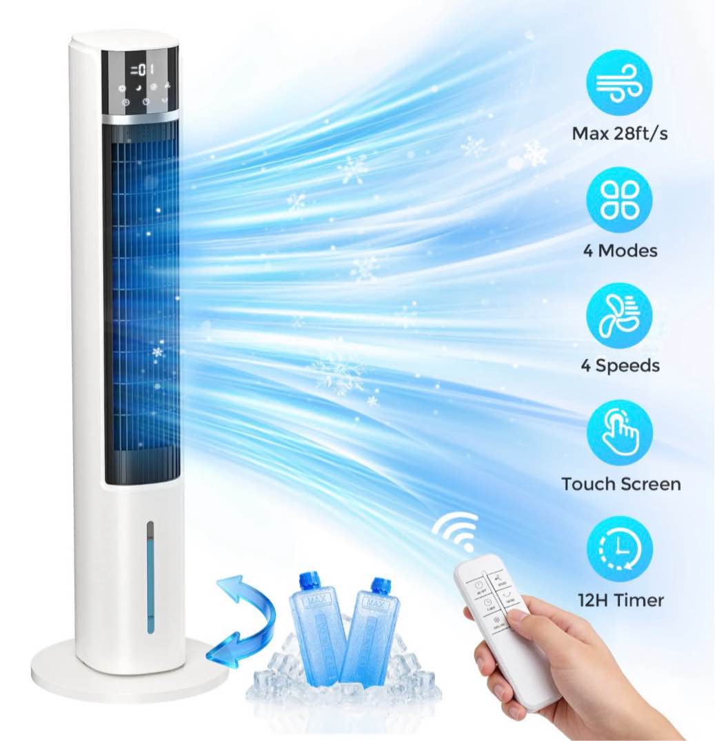evaporative air cooler tower fan for home bedroom 40 floor standing cooling fans 90° oscillating 4 modes & 4 speeds 12h timer 2 ice crystal boxes