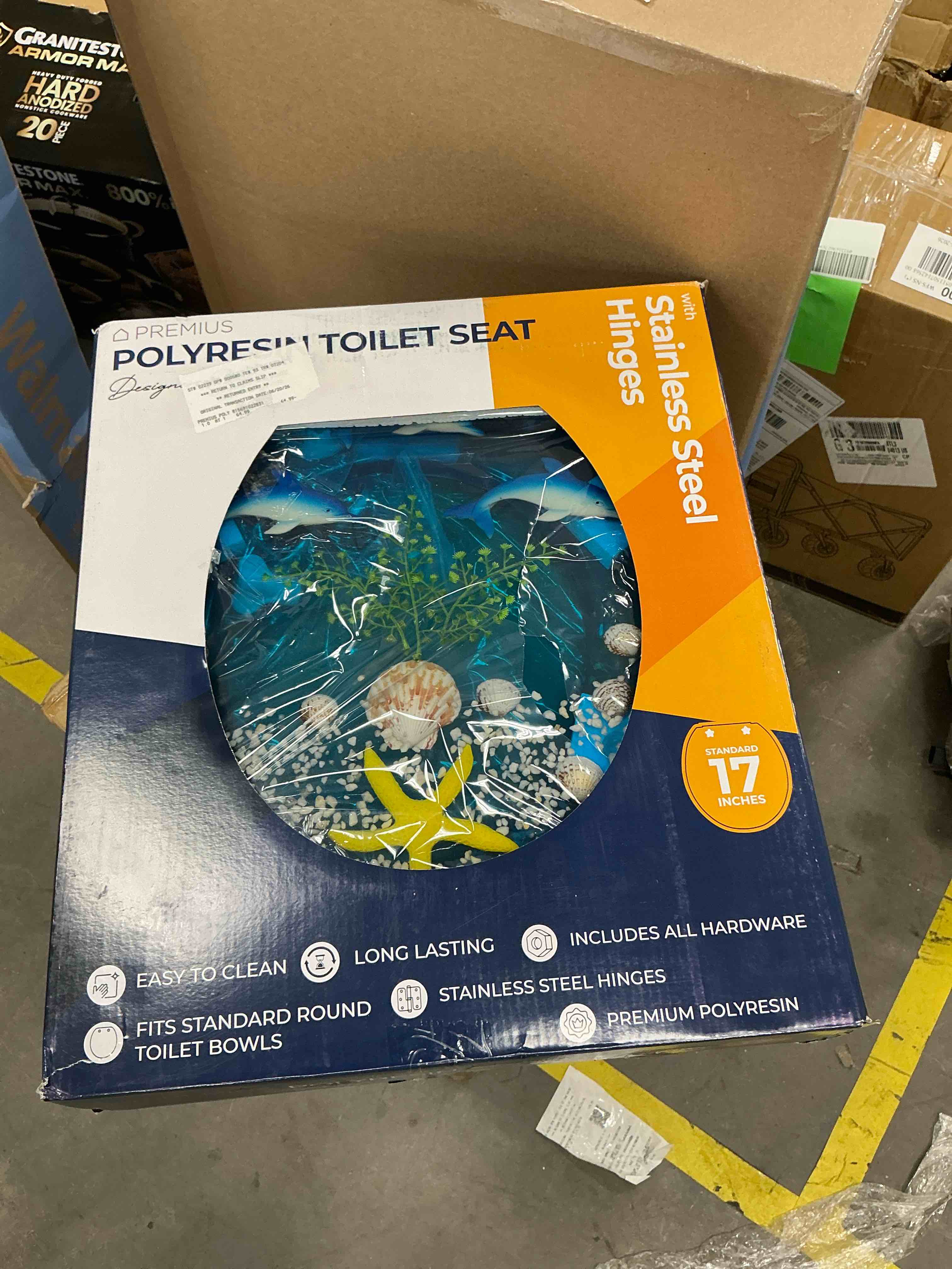 Condition photo showing Good Condition for premius polyresin ocean life dolphins toilet seat clear-blue standard round 17 inches
