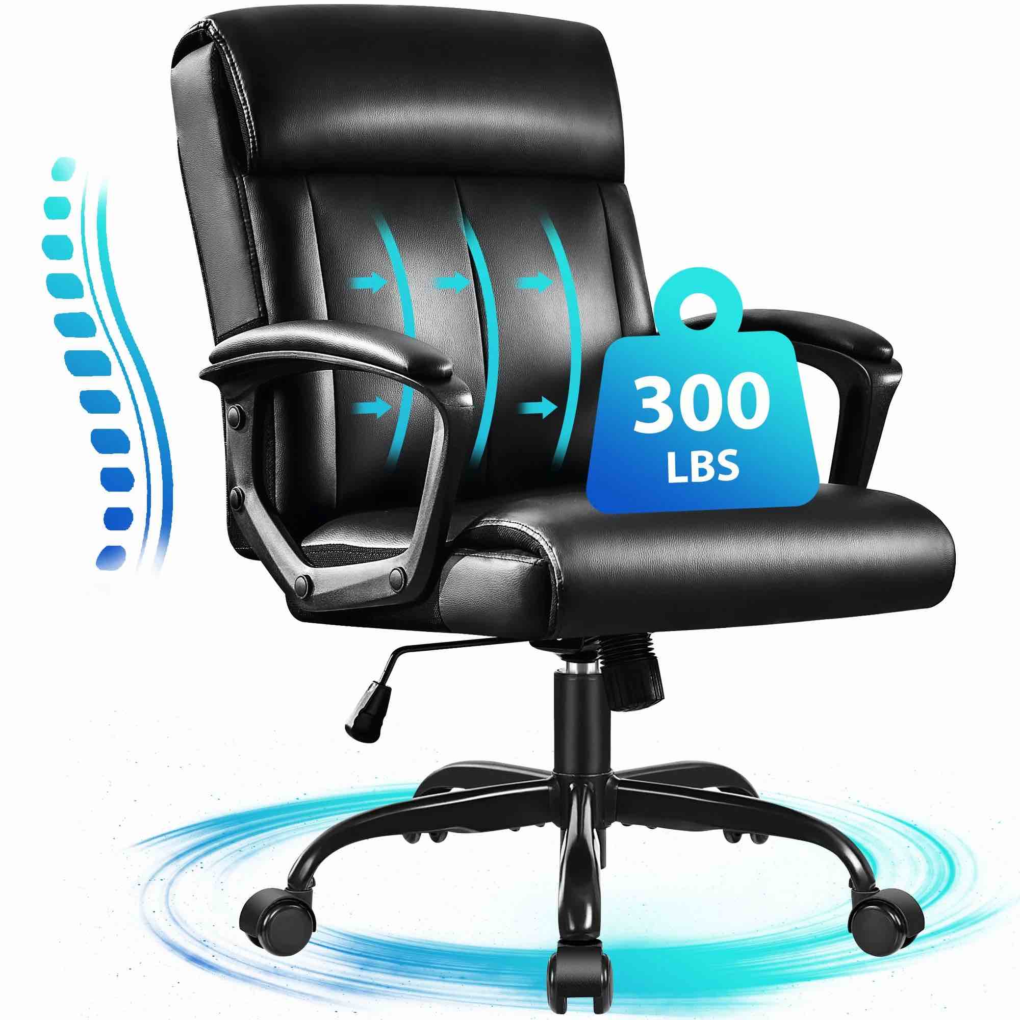 jonpony big and tall office chair 300lbs wide seat ergonomic computer desk chair high back executive leather chair adjustable task chair lumbar back support 8 hours heavy duty design,black
