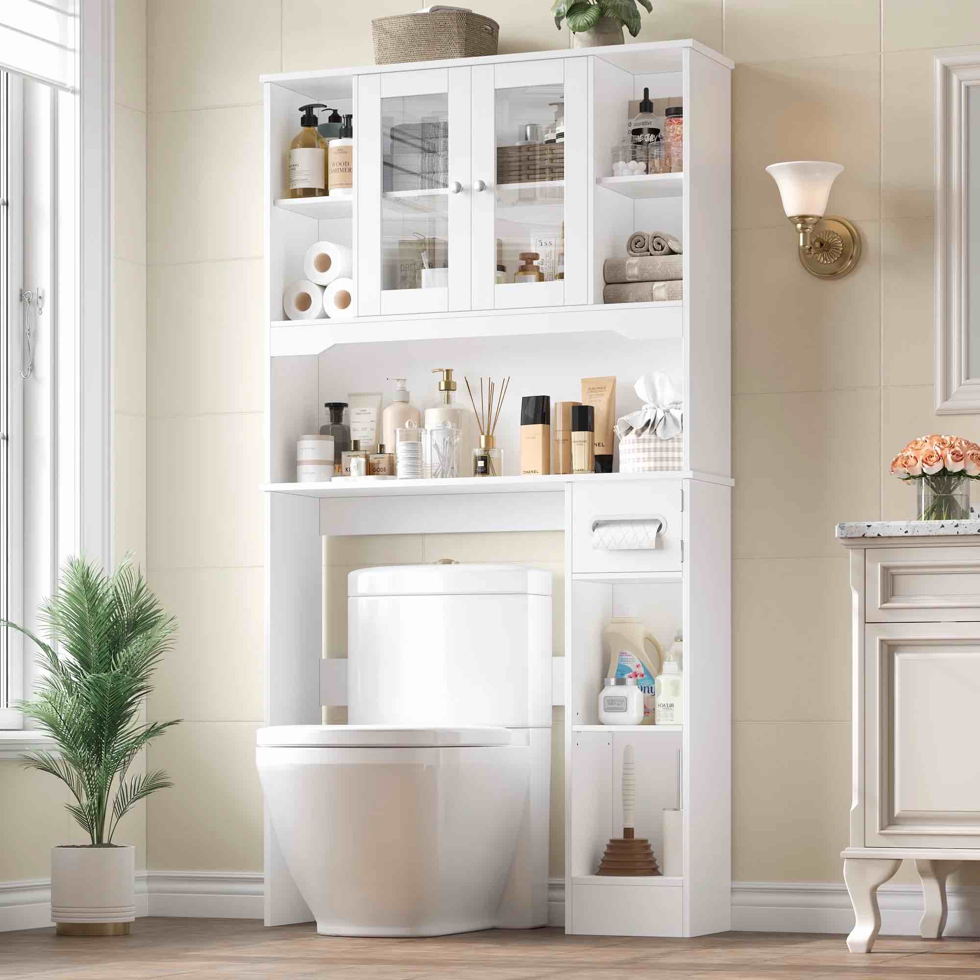 homfa over the toilet storage cabinet with toilet paper holder stand, above toilet organizer with glass doors, behind toilet shelf for restroom, bathroom, laundry, white