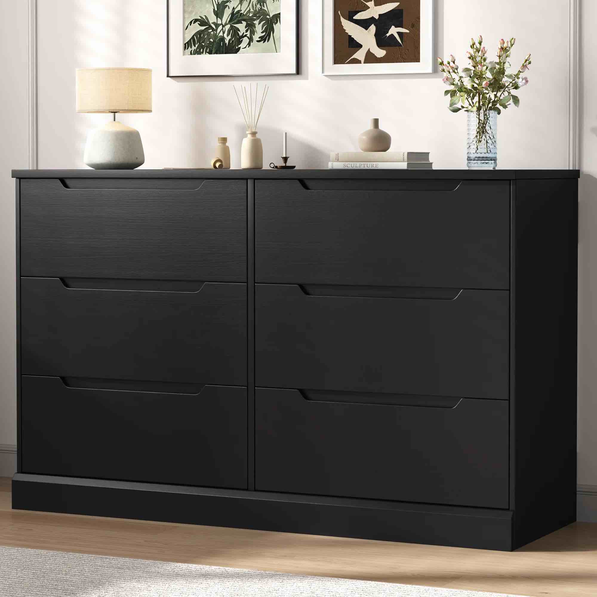 black dresser 6 drawer dresser for bedroom, modern wooden closet dresser living room hallway entryway cloakroom dressing room