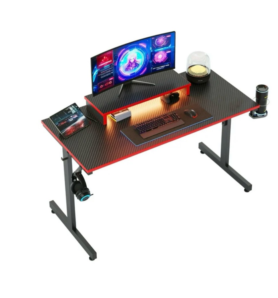 bestier 42" gaming desk pc computer office gamer table desk with led lights & monitor stand in red adults 42