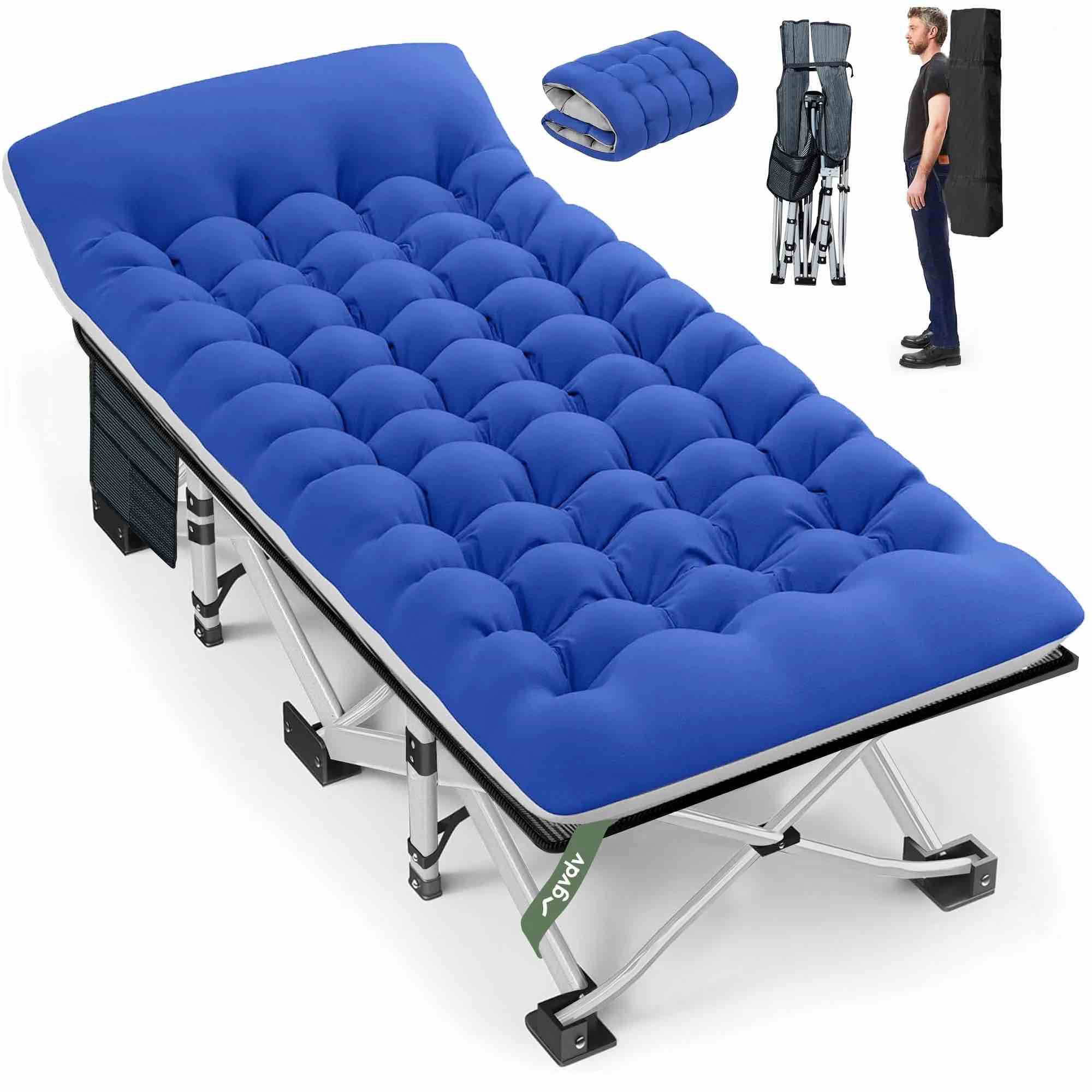 gvdv folding camping cot with 2 sided comfort mattress, 75*28 inch double layer oxford fabric folding bed, portable sleeping bed cot for camp office nap beach travel