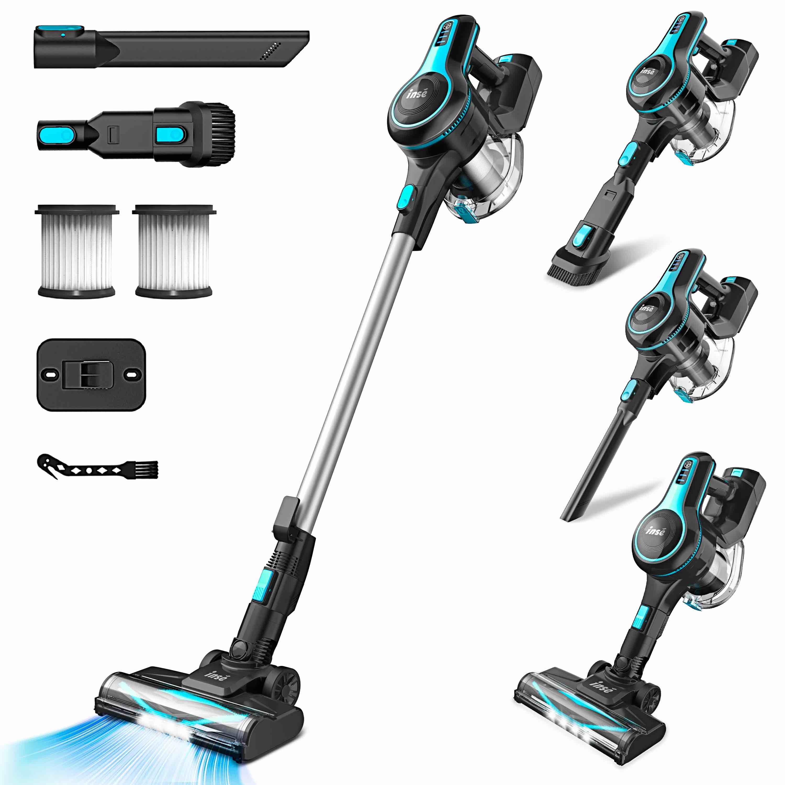 inse cordless vacuum cleaner, 6 in 1 powerful suction lightweight stick vacuum with 2200mah rechargeable battery, up to 45min runtime, for home furniture hard floor carpet car hair