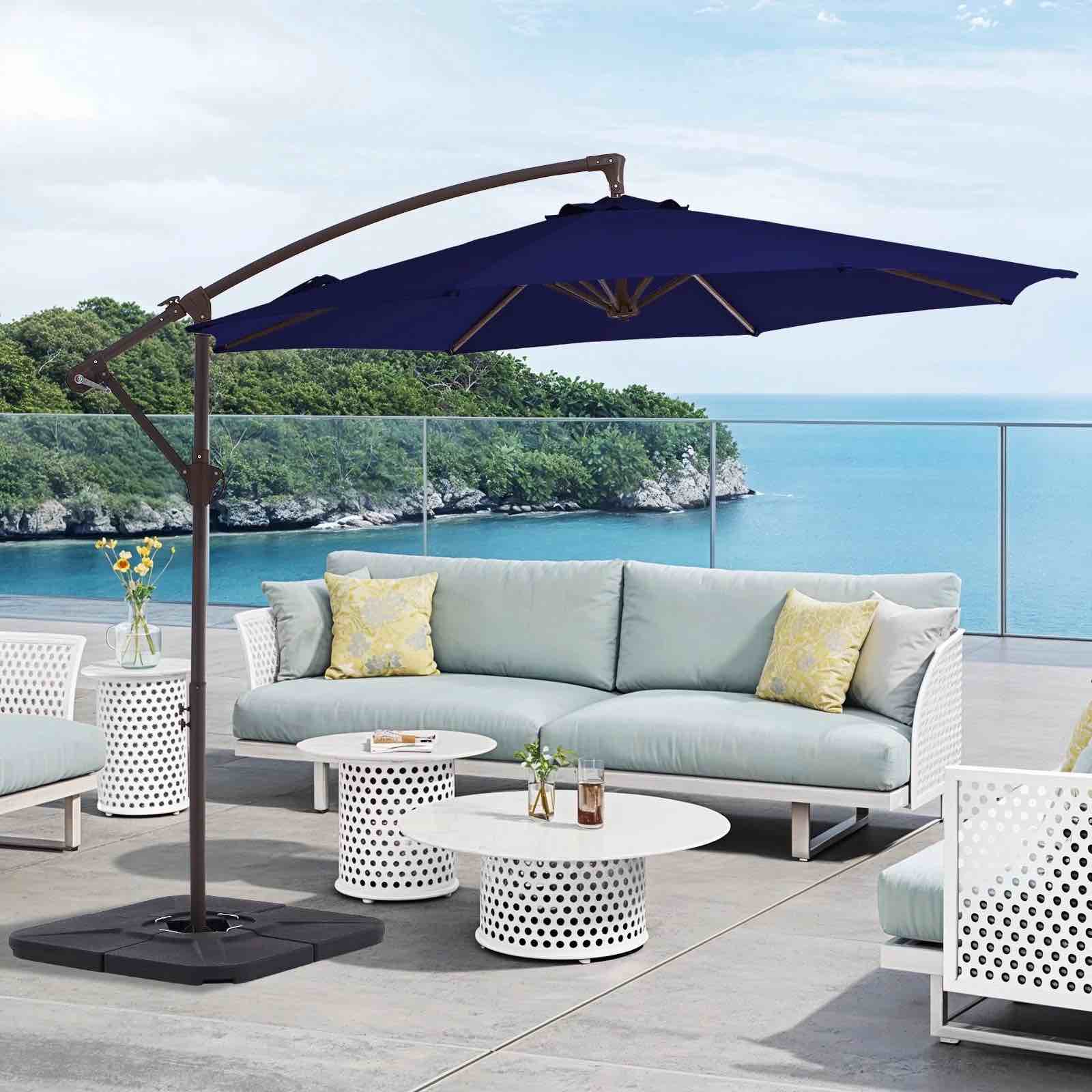 fundaze 10ft patio umbrella, hanging cantilever offset outdoor umbrella with tilting for deck backyard, base sold separately,navy blue