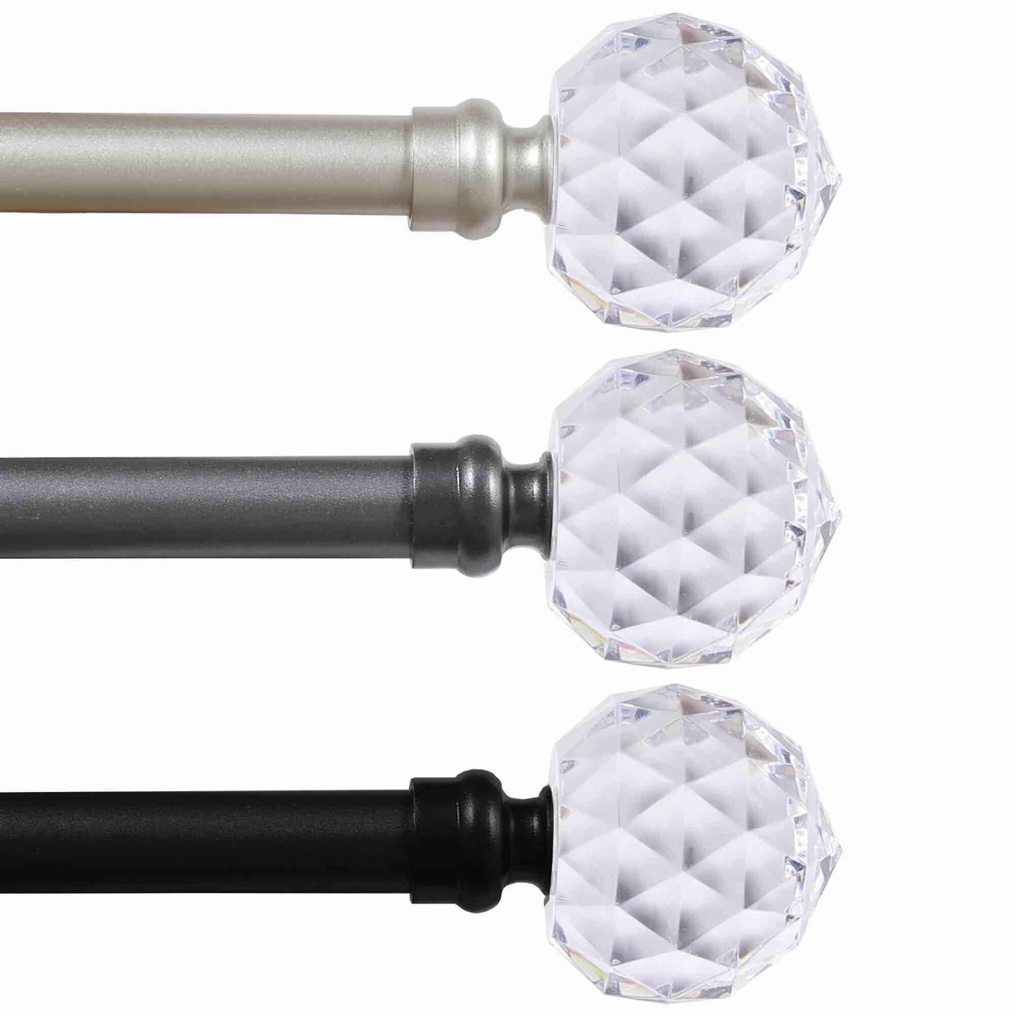 turquoize standard single rod curtain rod set for windows 66 to 120 inch 3/4 inch diameter with acrylic faceted finials nickel