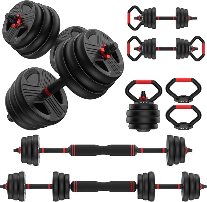 fitplam adjustable dumbbell set, 55/70lbs free weights set with upgraded nut, 4 in 1 weight set used as kettlebells, barbell, push up stand, fitness exercise for home gym suitable men/women