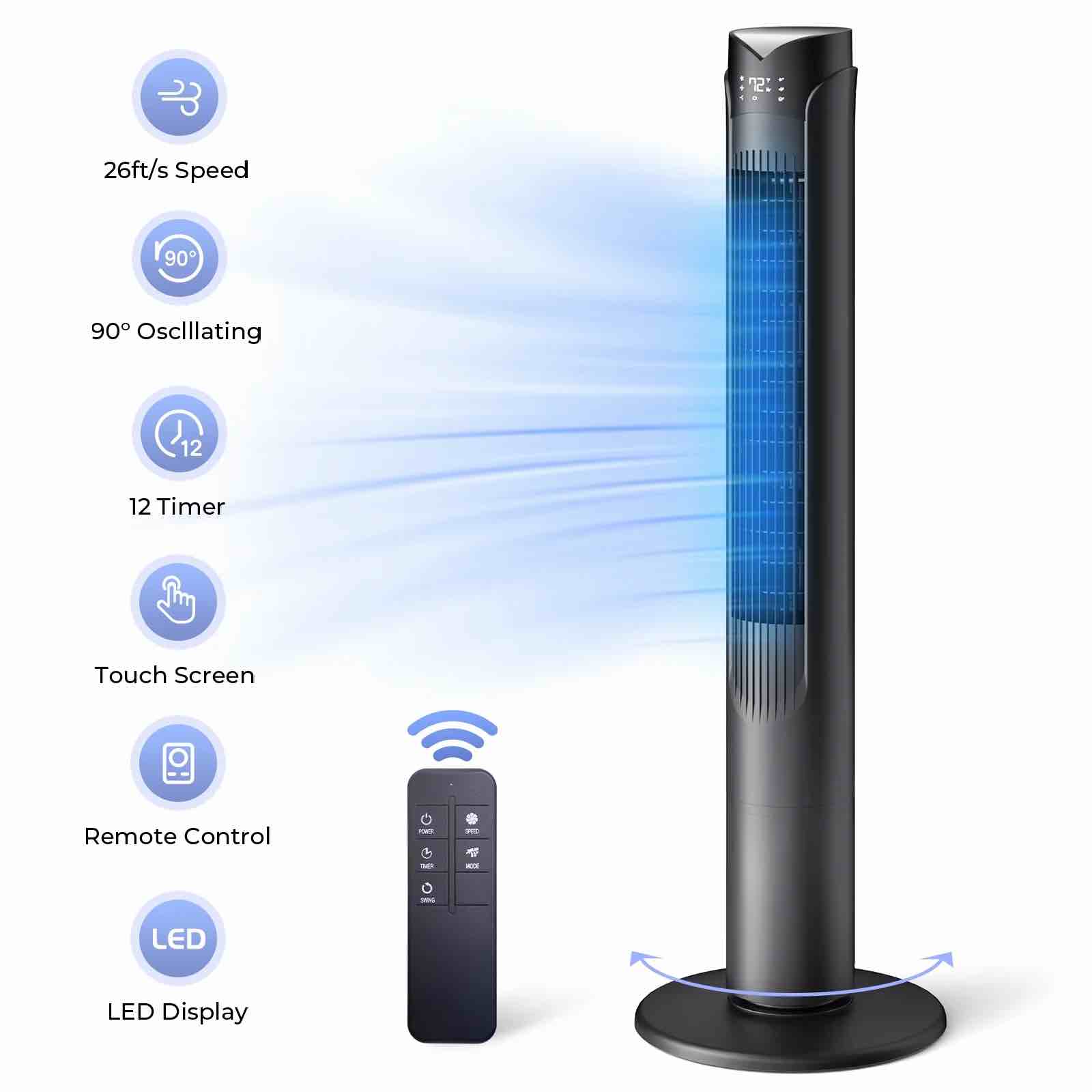 41 tower fan with remote 90° oscillating fans with 3 speeds 3 modes 26 ft/s high velocity led display 12h timer for home living room office