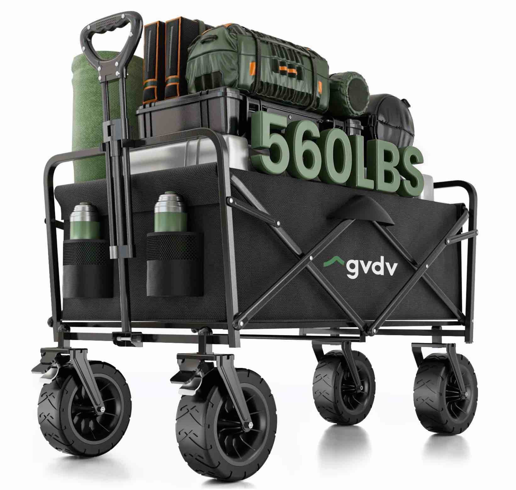 gvdv collapsible folding wagon, 560lbs large heavy duty utility cart with all-terrain wheels and adjustable handles for shopping, camping, sports, outdoor, beach, black