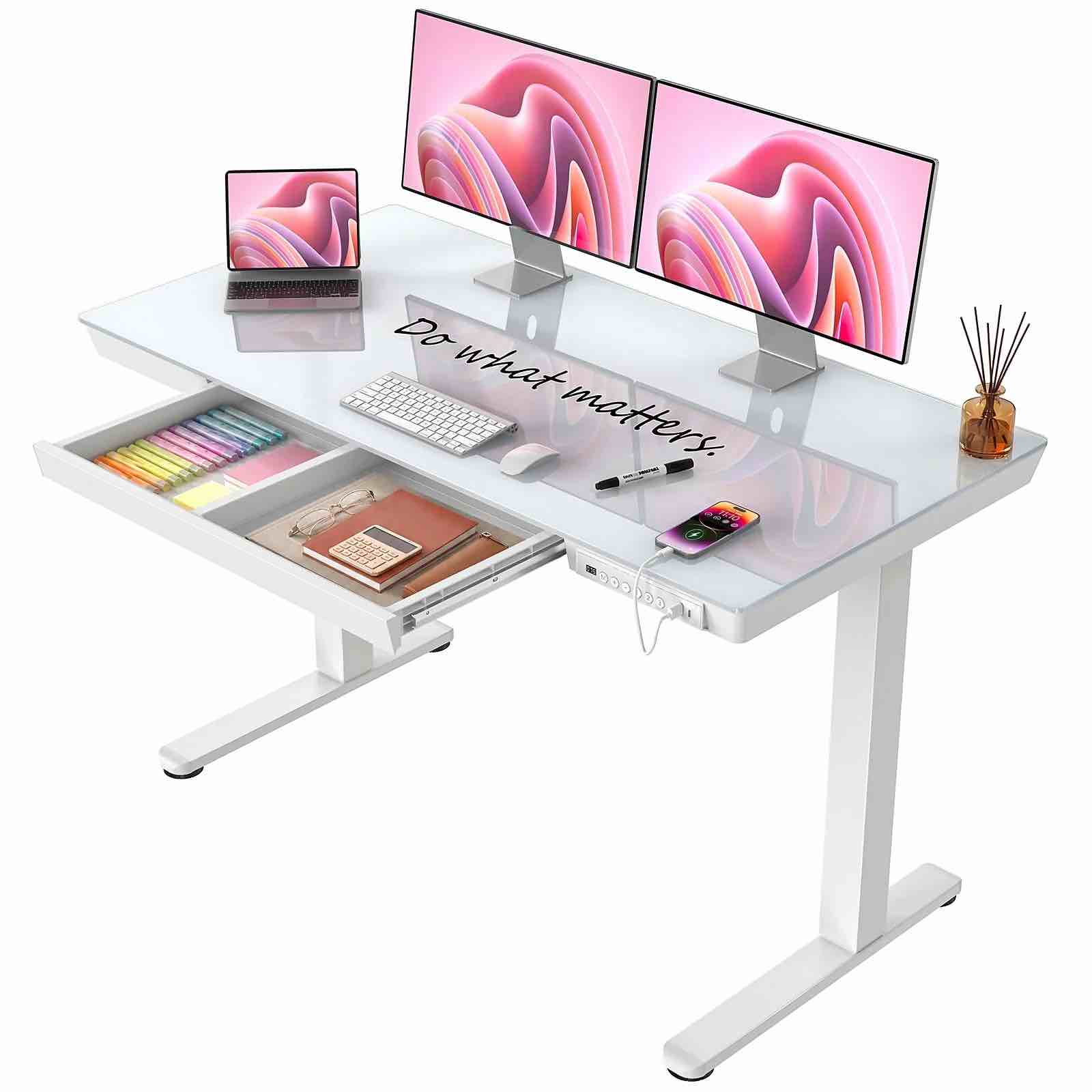chitooma glass top electric standing desk with drawer, 48'' x 24'' electric height adjustable desk with usb charging ports, sit stand up for home office